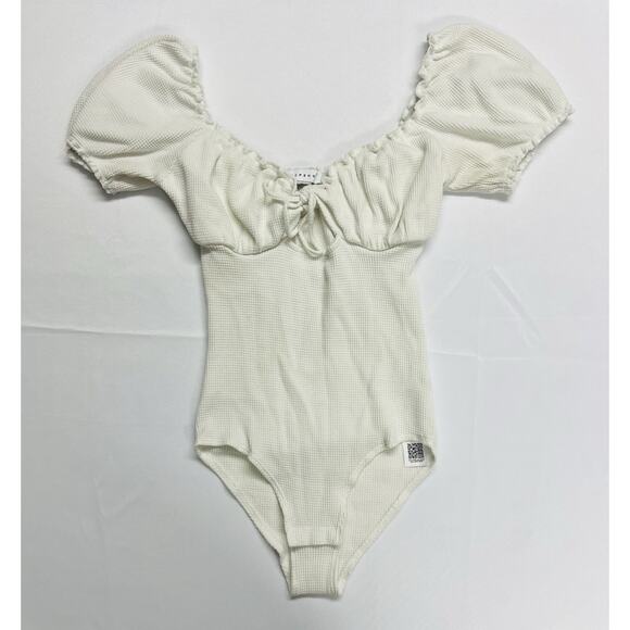 Topshop White Puff Sleeve Waffle Knit Cutout Milkmaid Bodysuit Size XS White - Picture 6 of 14